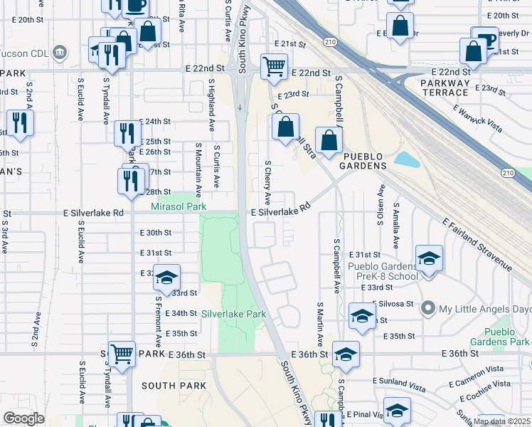 map of restaurants, bars, coffee shops, grocery stores, and more near 1965 East Saint Thomas Street in Tucson