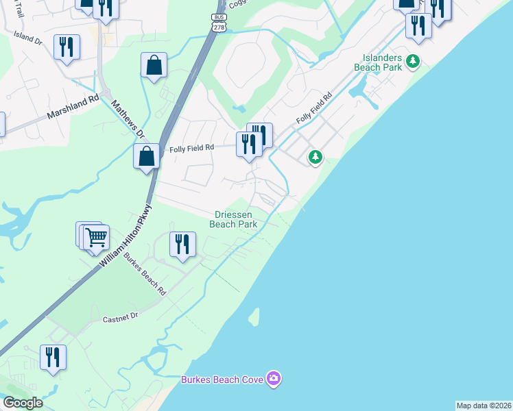 map of restaurants, bars, coffee shops, grocery stores, and more near 40 Folly Field Road in Hilton Head Island