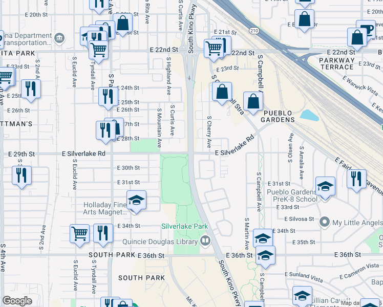 map of restaurants, bars, coffee shops, grocery stores, and more near South Kino Pkwy & E Silverlake Rd in Tucson