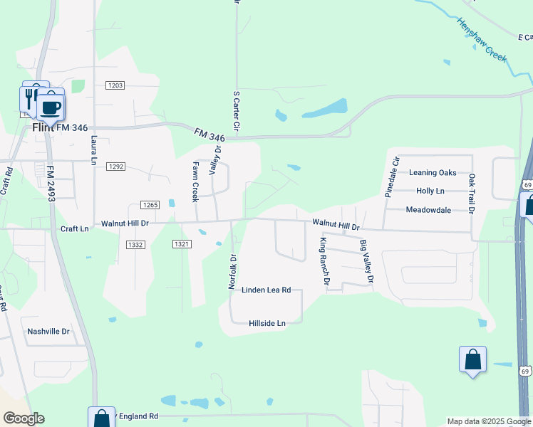 map of restaurants, bars, coffee shops, grocery stores, and more near 10113 County Road 1215 in Flint