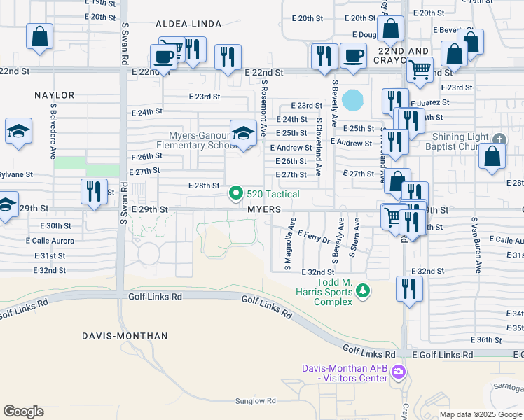 map of restaurants, bars, coffee shops, grocery stores, and more near 5098 East 29th Street in Tucson