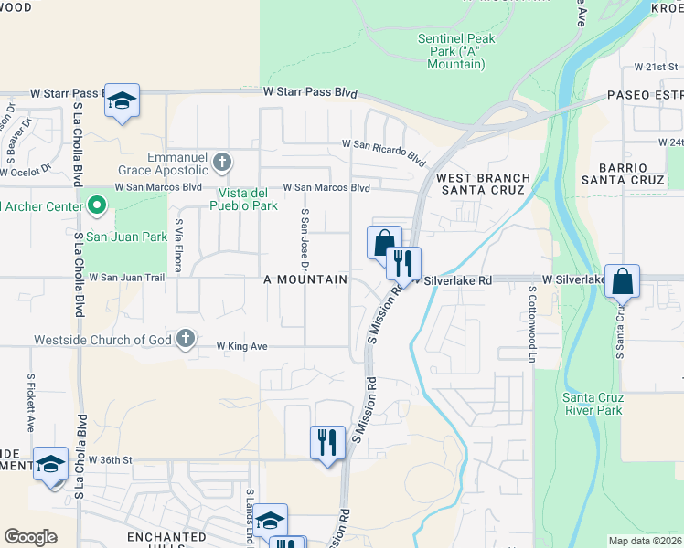 map of restaurants, bars, coffee shops, grocery stores, and more near 1635 West San Juan Trail in Tucson