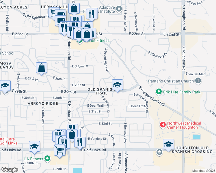 map of restaurants, bars, coffee shops, grocery stores, and more near 9764 East 29th Street in Tucson