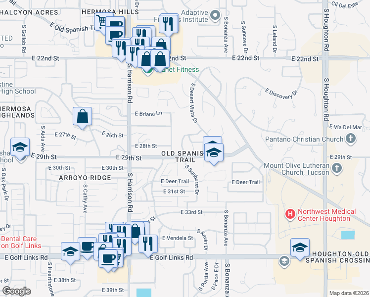 map of restaurants, bars, coffee shops, grocery stores, and more near 9630 East 29th Street in Tucson