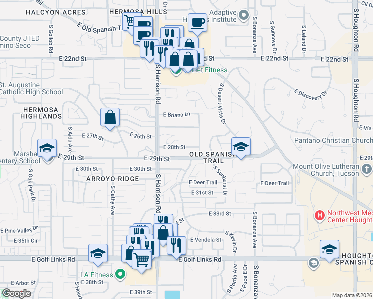 map of restaurants, bars, coffee shops, grocery stores, and more near 9592 East 29th Street in Tucson