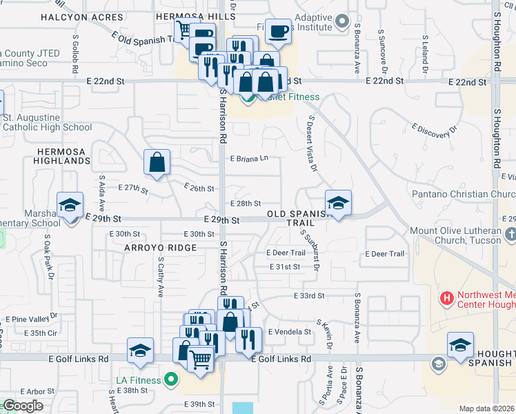 map of restaurants, bars, coffee shops, grocery stores, and more near 9592 East 29th Street in Tucson