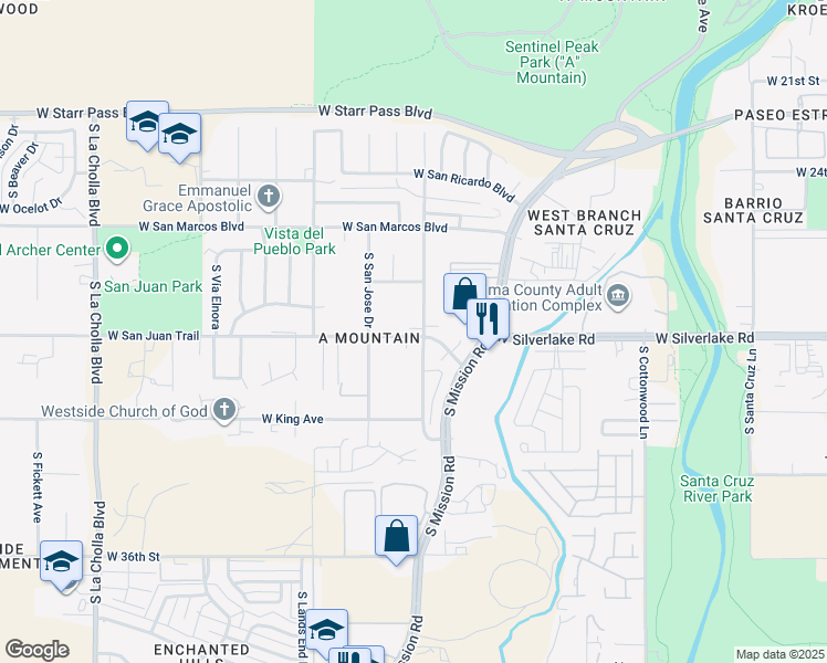map of restaurants, bars, coffee shops, grocery stores, and more near 1635 West San Juan Trail in Tucson