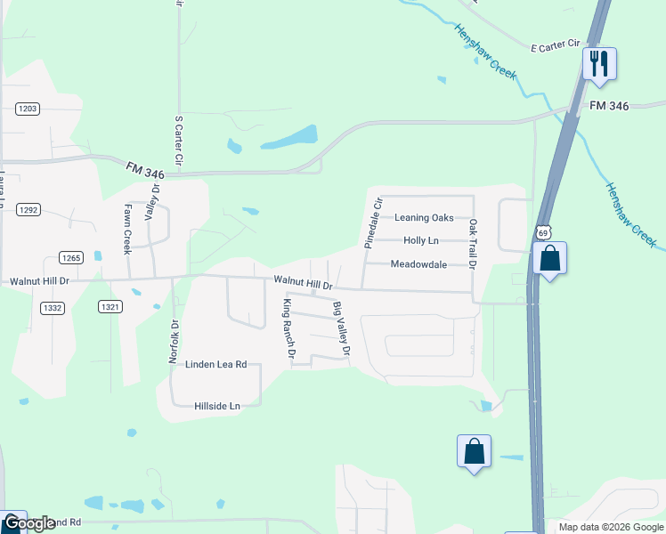 map of restaurants, bars, coffee shops, grocery stores, and more near 6900 County Road 1215 in Flint