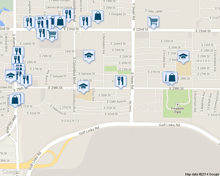 map of restaurants, bars, coffee shops, grocery stores, and more near 4550 East 28th Street in Tucson