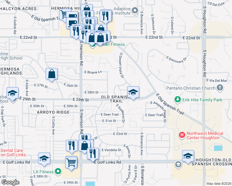 map of restaurants, bars, coffee shops, grocery stores, and more near 1731 South Kevin Drive in Tucson