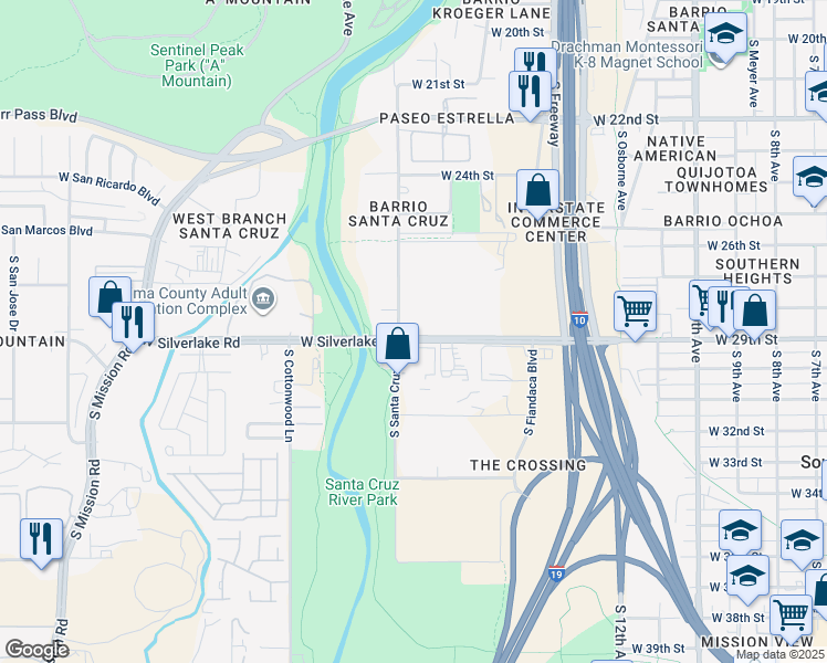 map of restaurants, bars, coffee shops, grocery stores, and more near 938 West Silverlake Road in Tucson
