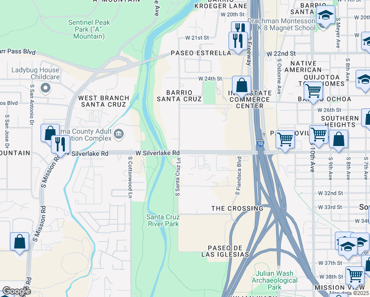 map of restaurants, bars, coffee shops, grocery stores, and more near 938 West Silverlake Road in Tucson