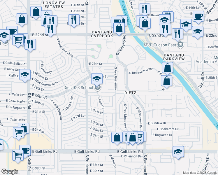 map of restaurants, bars, coffee shops, grocery stores, and more near 7625 East Jalapa Place in Tucson