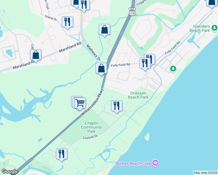map of restaurants, bars, coffee shops, grocery stores, and more near 6 Christopher Drive in Hilton Head Island