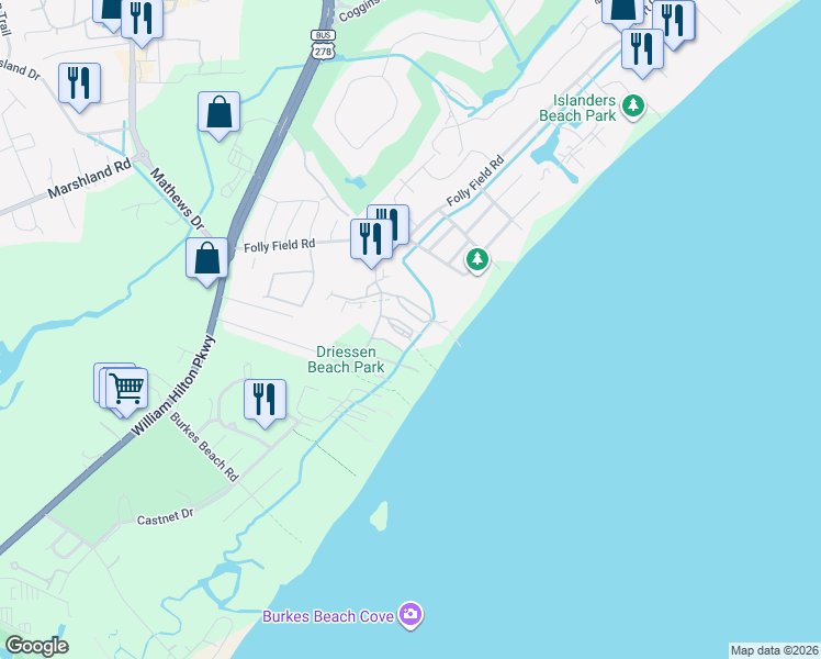 map of restaurants, bars, coffee shops, grocery stores, and more near in Hilton Head Island