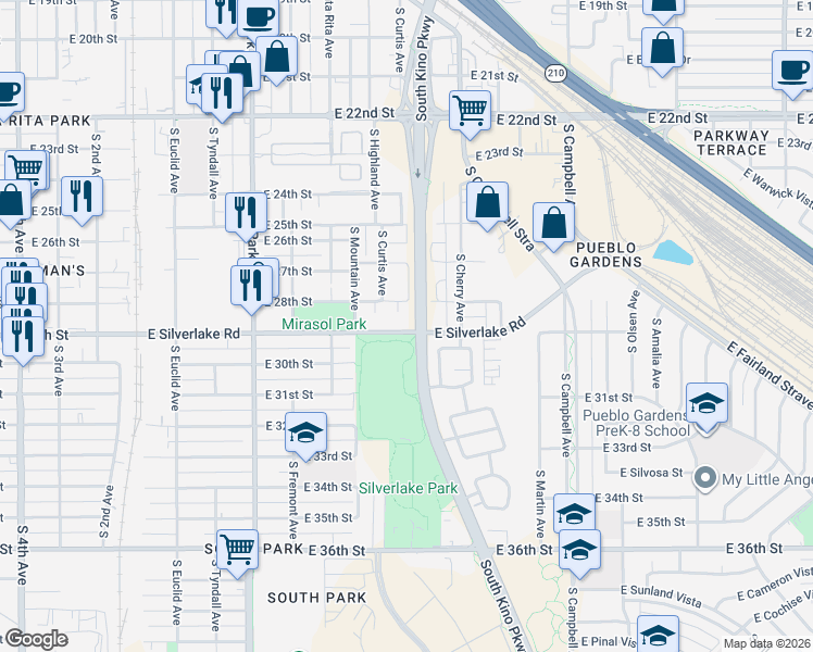 map of restaurants, bars, coffee shops, grocery stores, and more near 1410 East 28th Street in Tucson