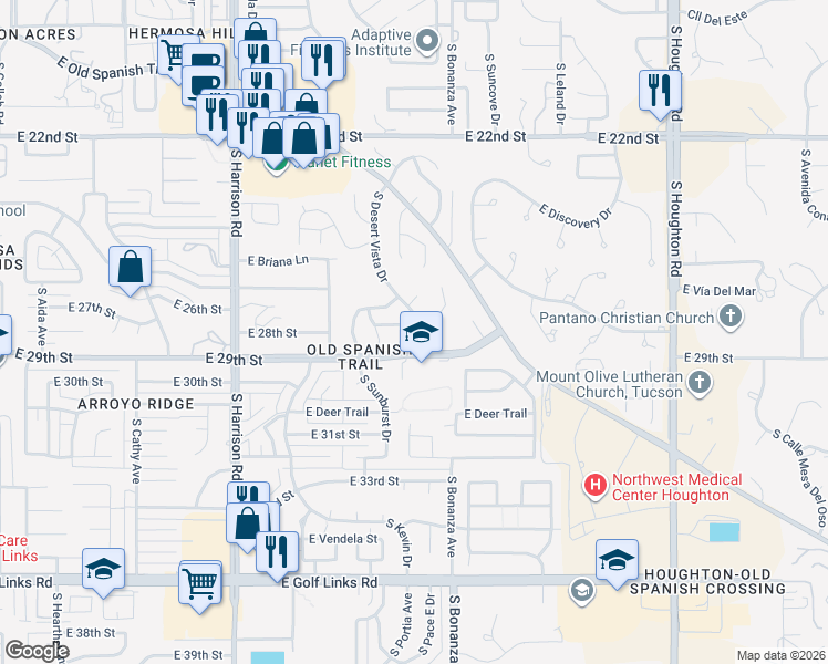 map of restaurants, bars, coffee shops, grocery stores, and more near 1781 South Desert Vista Drive in Tucson