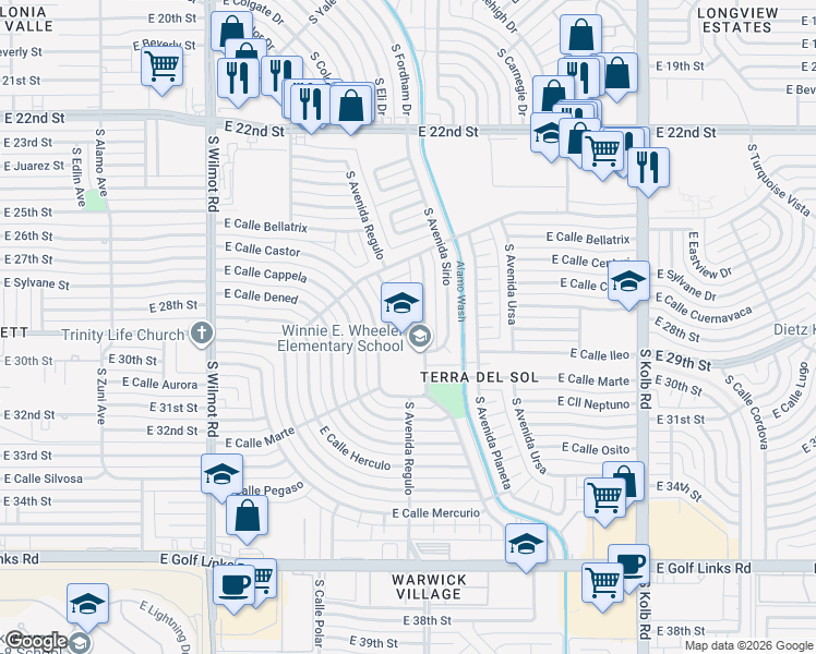 map of restaurants, bars, coffee shops, grocery stores, and more near 1718 South Avenida Del Sol in Tucson