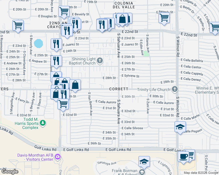 map of restaurants, bars, coffee shops, grocery stores, and more near 5818 East 28th Street in Tucson