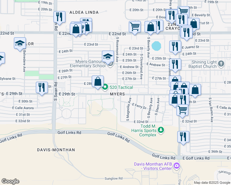 map of restaurants, bars, coffee shops, grocery stores, and more near 5050 East 28th Street in Tucson