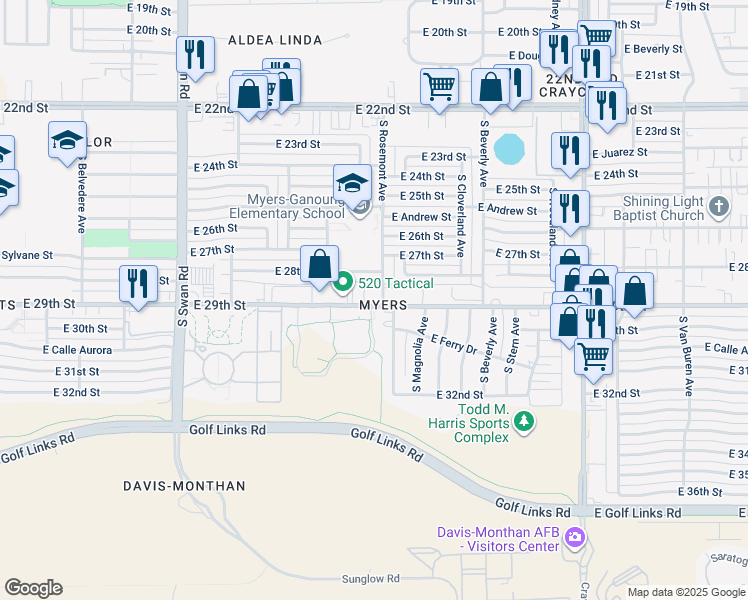 map of restaurants, bars, coffee shops, grocery stores, and more near 5050 East 28th Street in Tucson