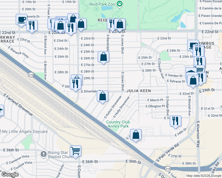 map of restaurants, bars, coffee shops, grocery stores, and more near 3311 East 30th Street in Tucson