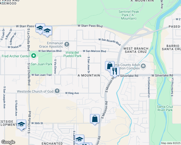 map of restaurants, bars, coffee shops, grocery stores, and more near 1861 South San Jose Drive in Tucson