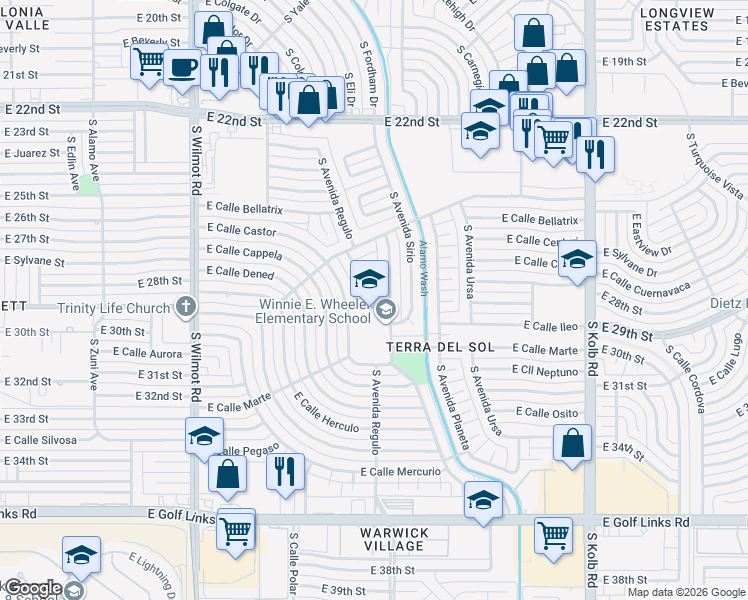 map of restaurants, bars, coffee shops, grocery stores, and more near 1718 South Avenida Del Sol in Tucson