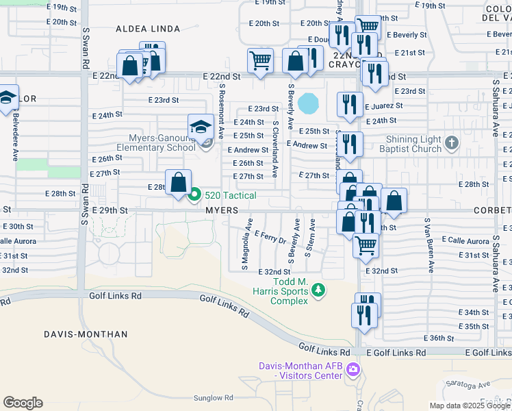 map of restaurants, bars, coffee shops, grocery stores, and more near 5171 East 29th Street in Tucson