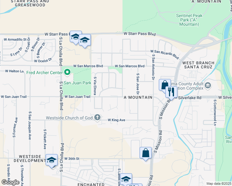 map of restaurants, bars, coffee shops, grocery stores, and more near 1825 West Calle Del Arroyito in Tucson