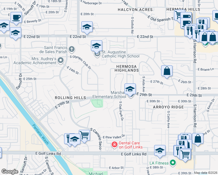map of restaurants, bars, coffee shops, grocery stores, and more near 1733 South Regina Cleri Drive in Tucson