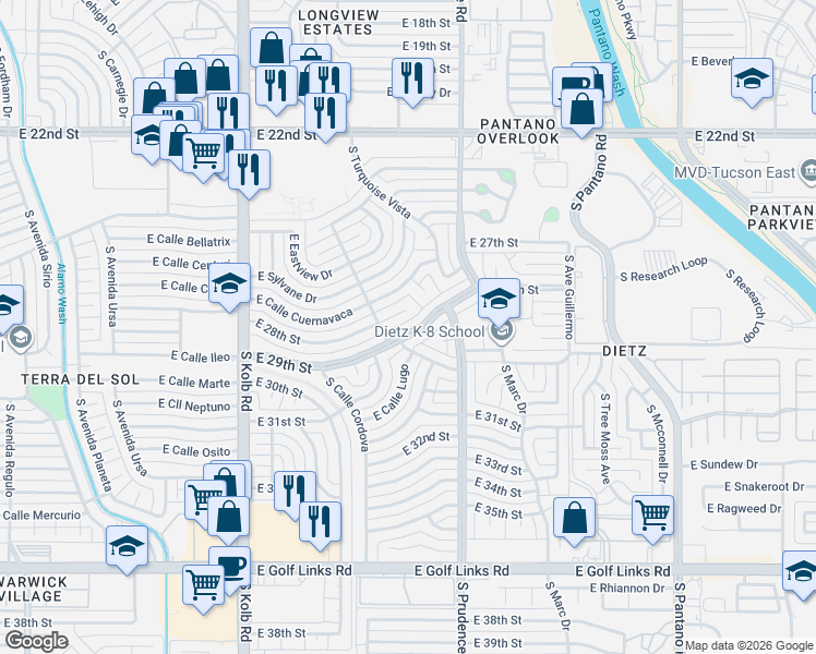map of restaurants, bars, coffee shops, grocery stores, and more near 7341 East 28th Place in Tucson