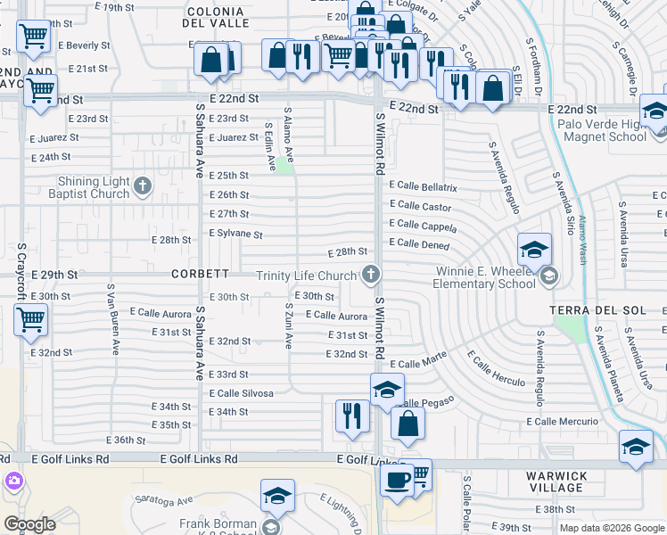 map of restaurants, bars, coffee shops, grocery stores, and more near 6202 East 28th Street in Tucson