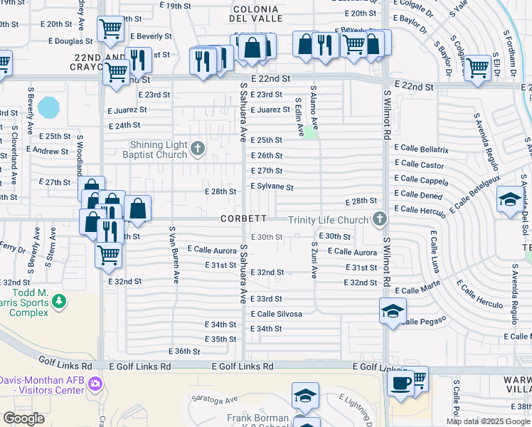 map of restaurants, bars, coffee shops, grocery stores, and more near 5949 East 29th Street in Tucson