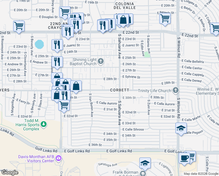 map of restaurants, bars, coffee shops, grocery stores, and more near 5818 East 28th Street in Tucson