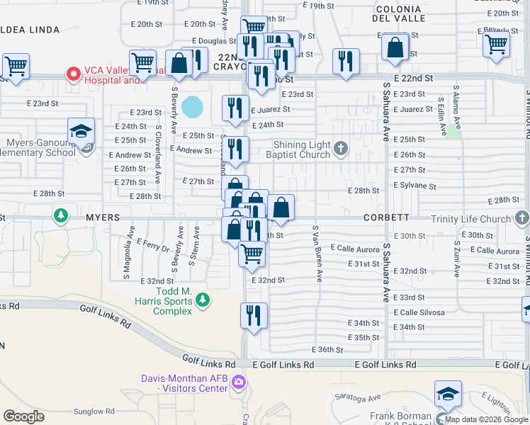 map of restaurants, bars, coffee shops, grocery stores, and more near 1804 South Jefferson Avenue in Tucson