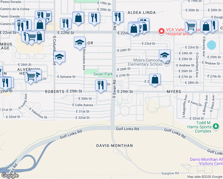 map of restaurants, bars, coffee shops, grocery stores, and more near 4701 East 29th Street in Tucson