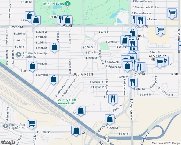 map of restaurants, bars, coffee shops, grocery stores, and more near 1761 Richey Avenue in Tucson