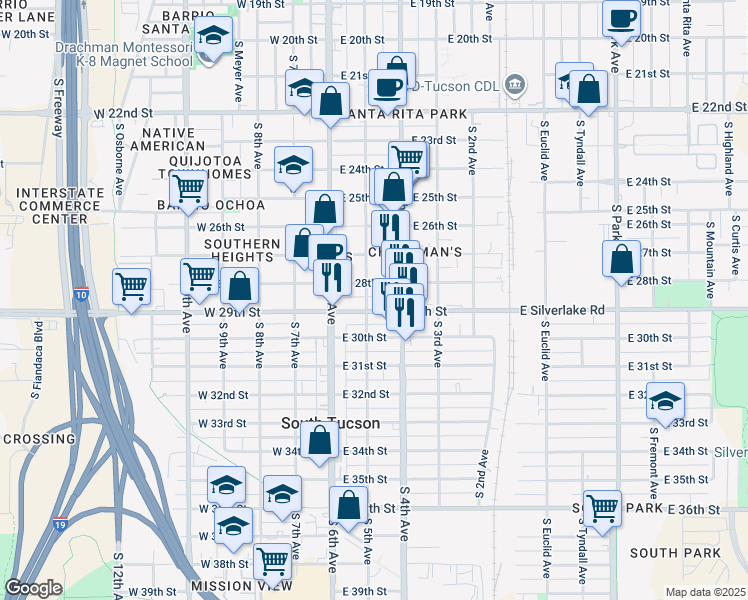 map of restaurants, bars, coffee shops, grocery stores, and more near 202 East 28th Street in Tucson