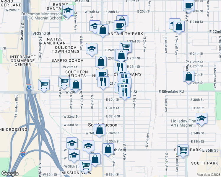 map of restaurants, bars, coffee shops, grocery stores, and more near 202 East 28th Street in Tucson