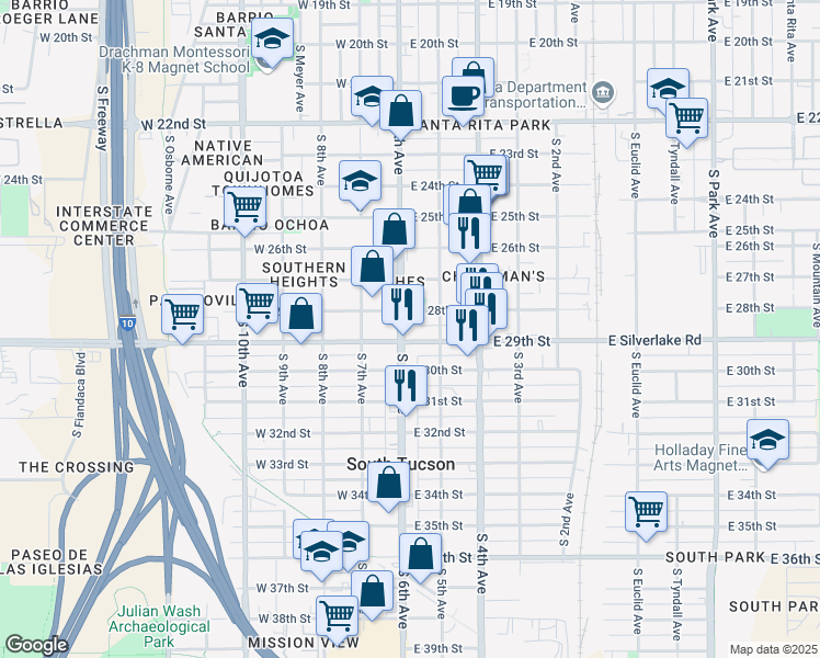map of restaurants, bars, coffee shops, grocery stores, and more near 1805 South 6th Avenue in Tucson