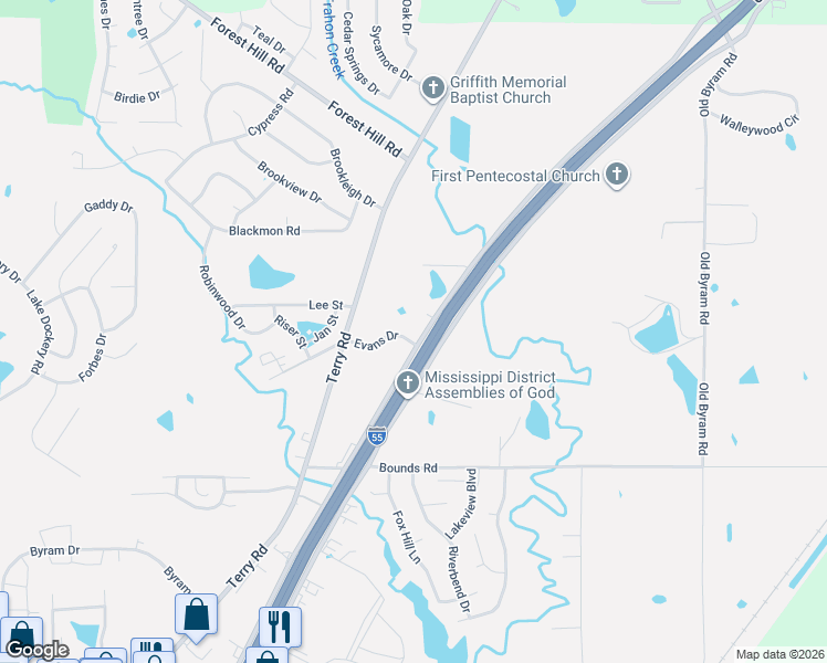map of restaurants, bars, coffee shops, grocery stores, and more near 5351 Interstate 55 in Jackson