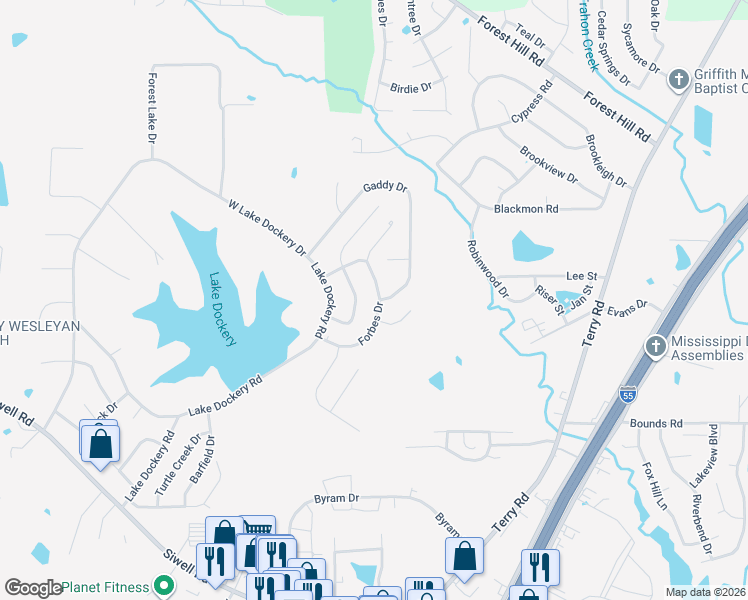map of restaurants, bars, coffee shops, grocery stores, and more near 228 Gaddy Drive in Byram