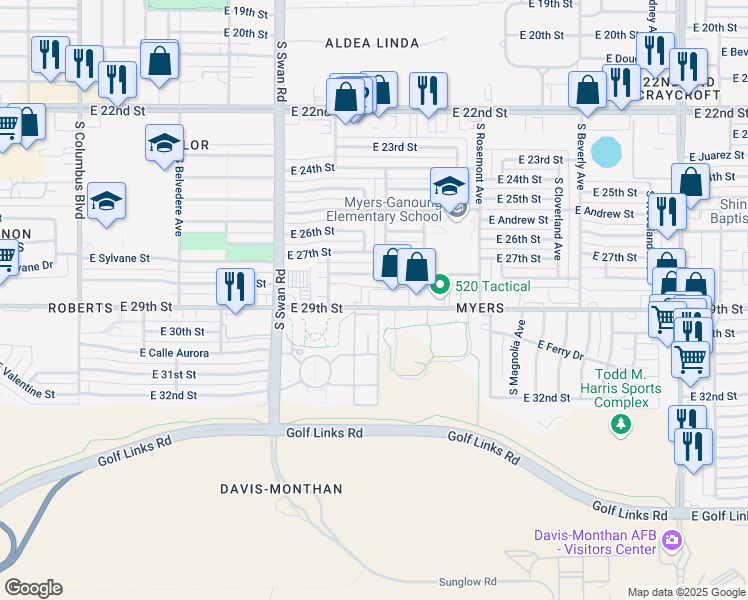 map of restaurants, bars, coffee shops, grocery stores, and more near 4857 East 29th Street in Tucson
