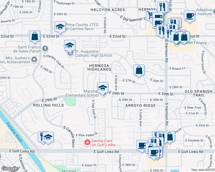 map of restaurants, bars, coffee shops, grocery stores, and more near 1742 South Palm Springs Circle in Tucson