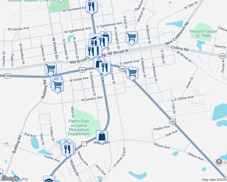 map of restaurants, bars, coffee shops, grocery stores, and more near 130 East Stuart Avenue in Lyons
