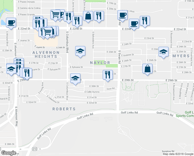 map of restaurants, bars, coffee shops, grocery stores, and more near 4517 East 29th Street in Tucson