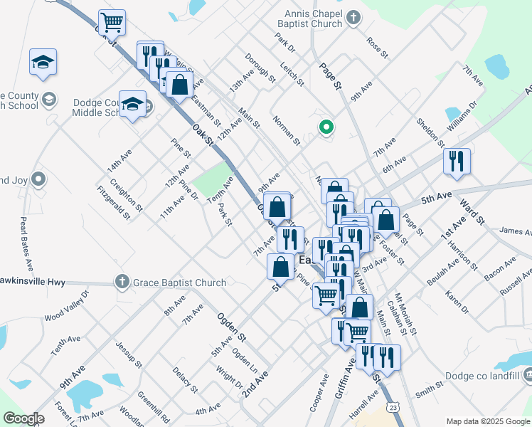 map of restaurants, bars, coffee shops, grocery stores, and more near 454 Oak Street in Eastman