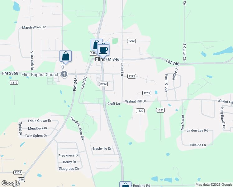 map of restaurants, bars, coffee shops, grocery stores, and more near 11540 County Road 137 in Flint