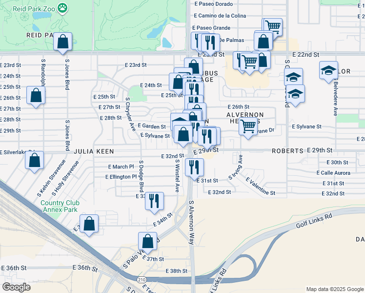 map of restaurants, bars, coffee shops, grocery stores, and more near 1854 South Alvernon Way in Tucson